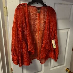 Multiples Open Front Sheer Zebra-Stripe Cardigan Jacket in Red Size L